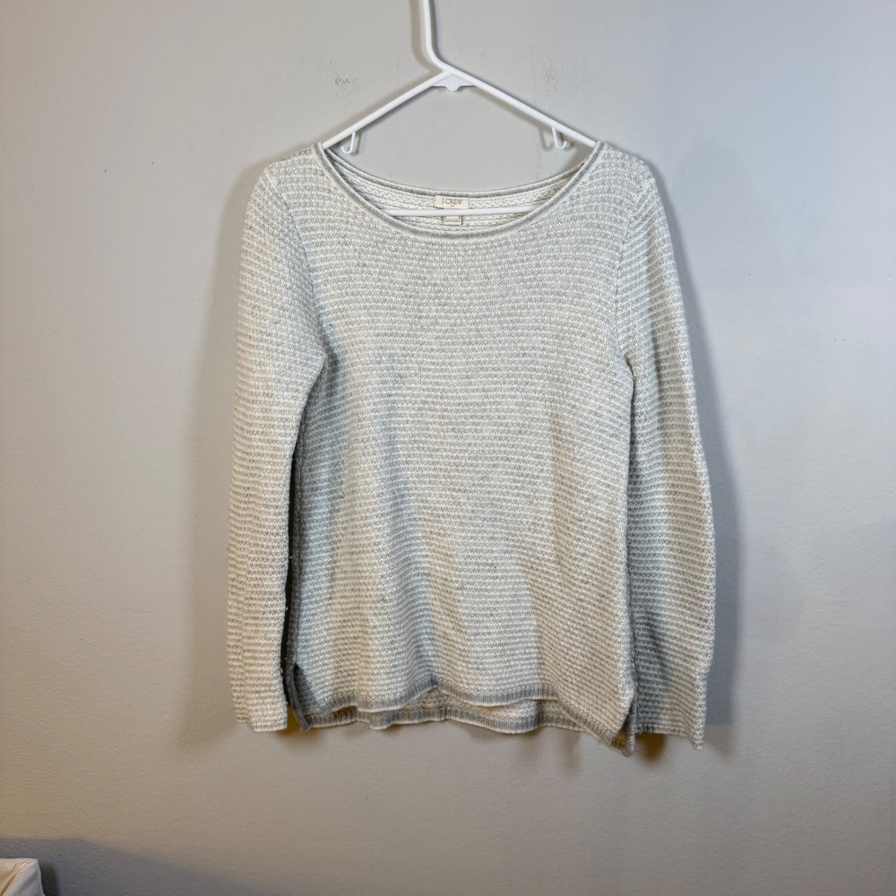 J.Crew Merino Wool Blend Striped Boat Neck Sweater Grey White E1380 Womens Small